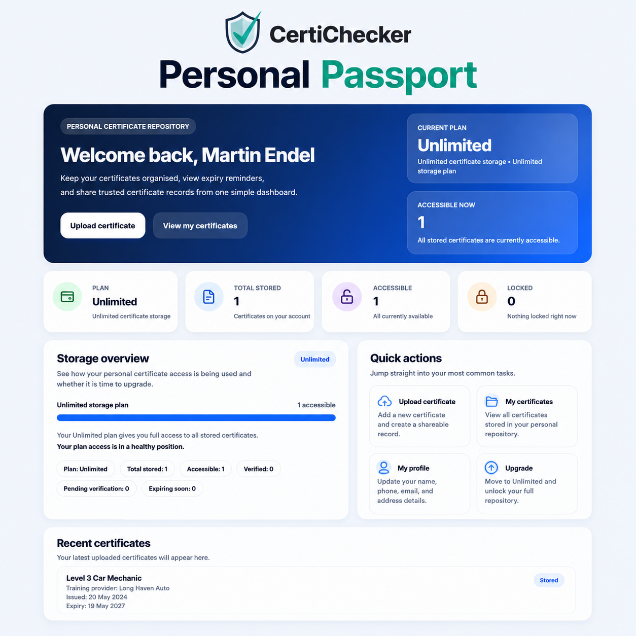CertiChecker Learning Passport personal dashboard preview
