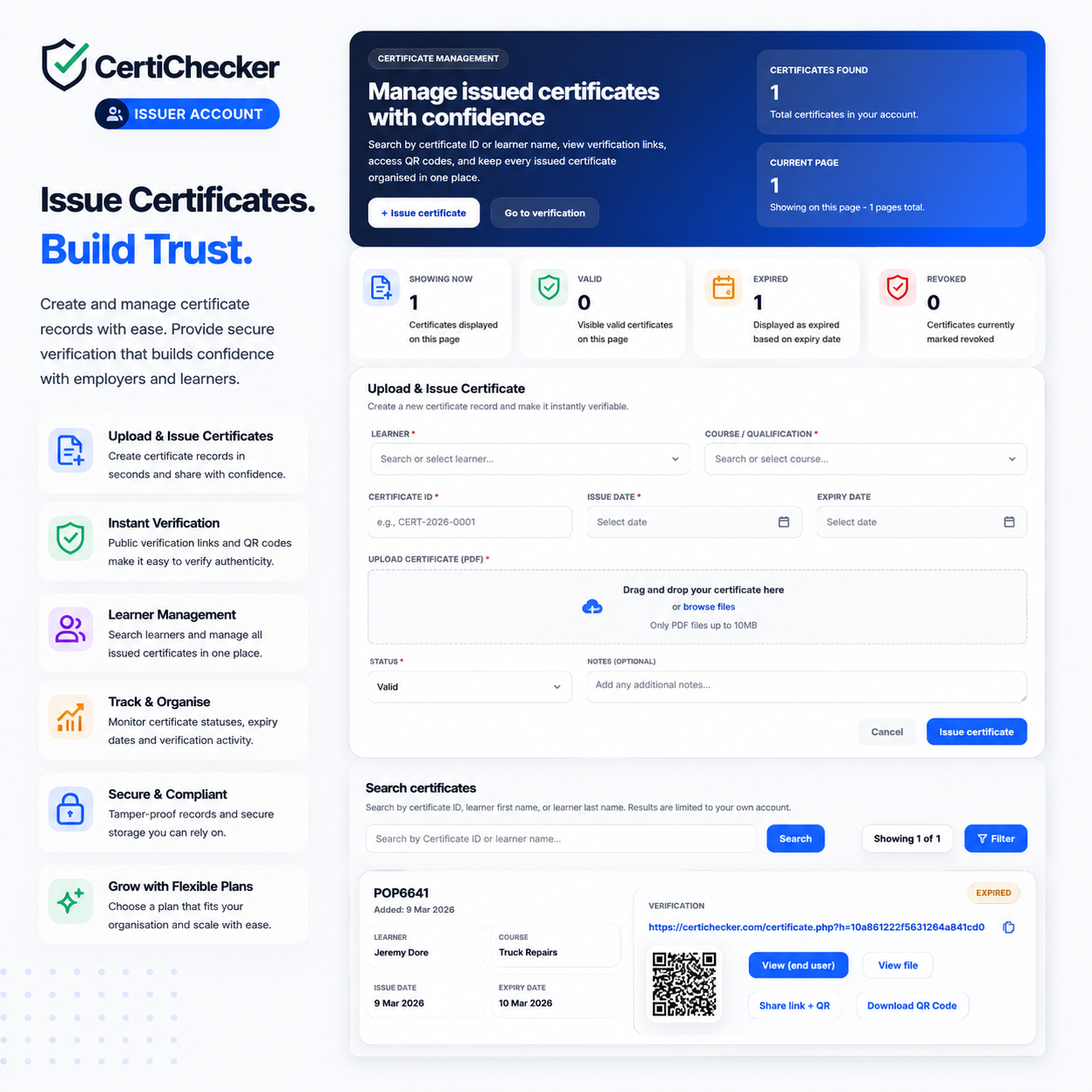 CertiChecker issuer certificate management dashboard