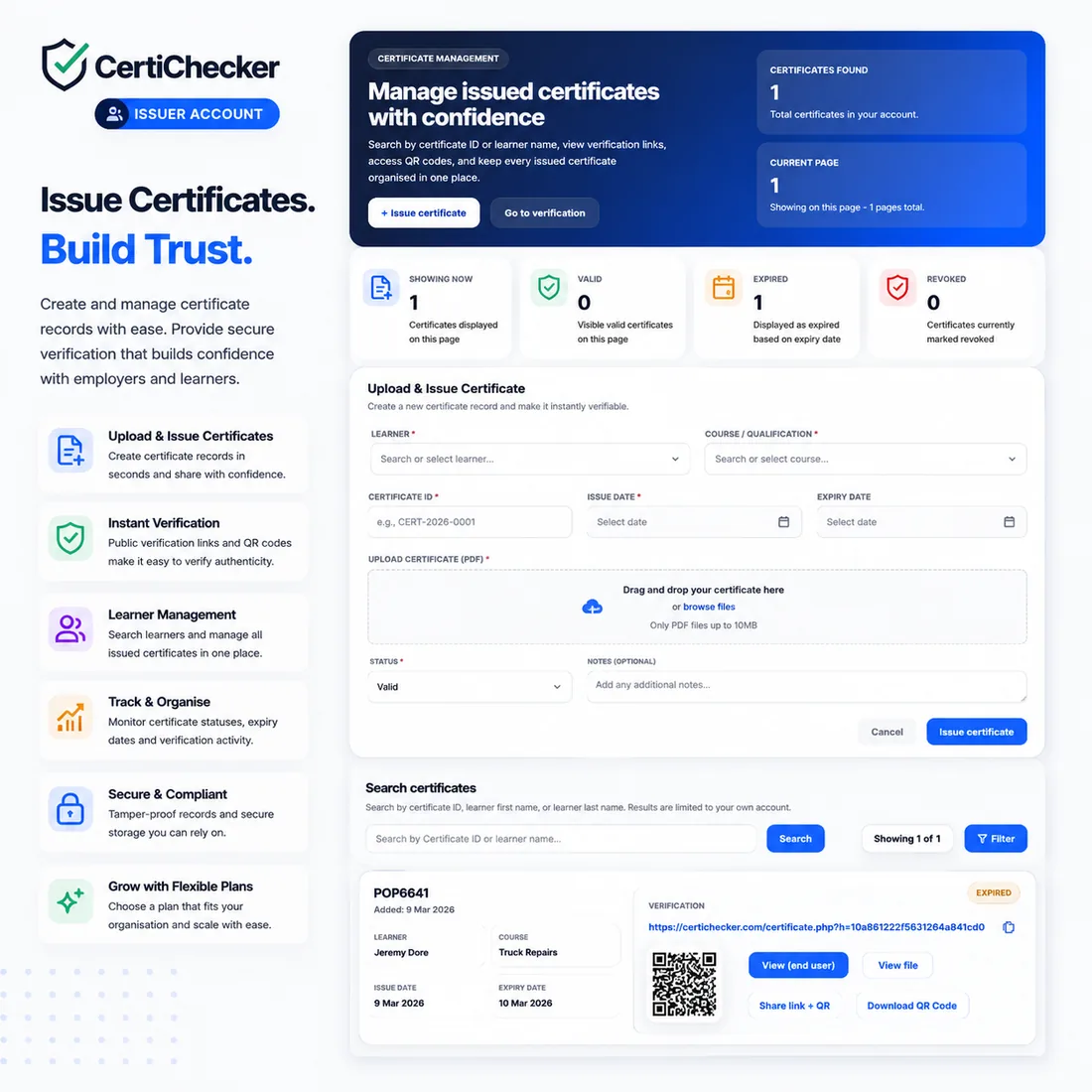 CertiChecker issuer certificate management dashboard