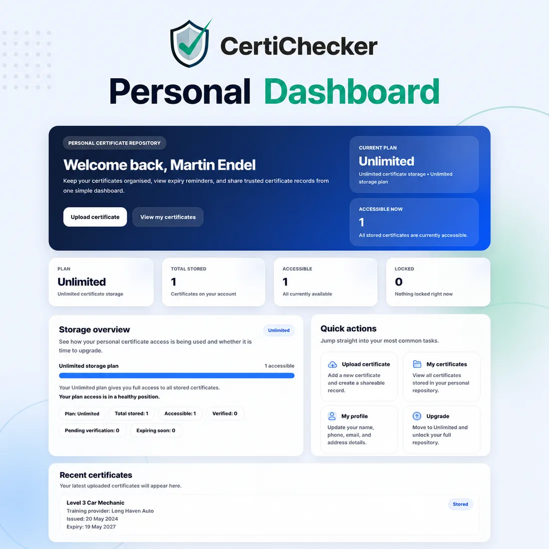 CertiChecker personal dashboard and certificate storage overview