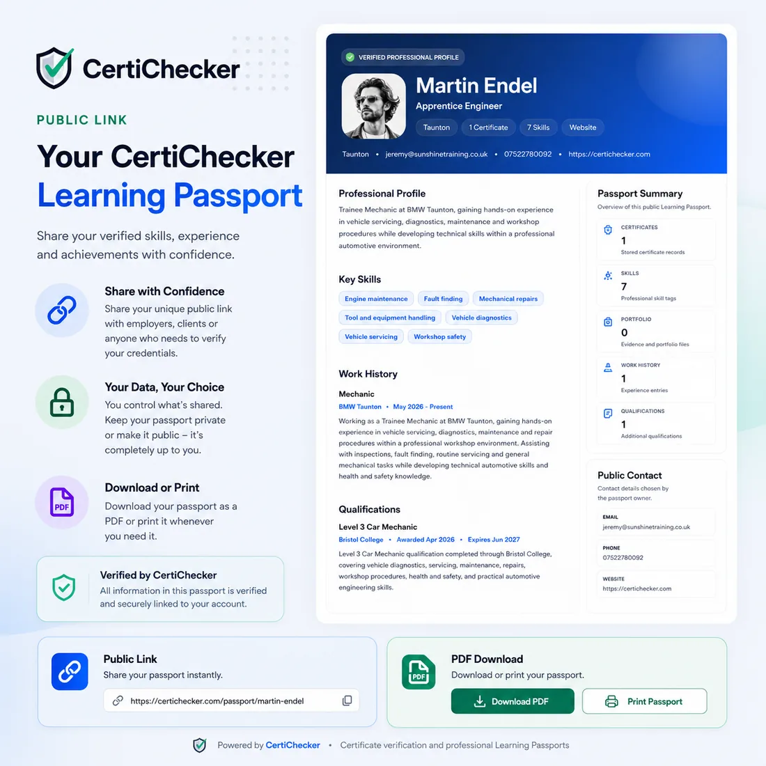 CertiChecker public Learning Passport profile view