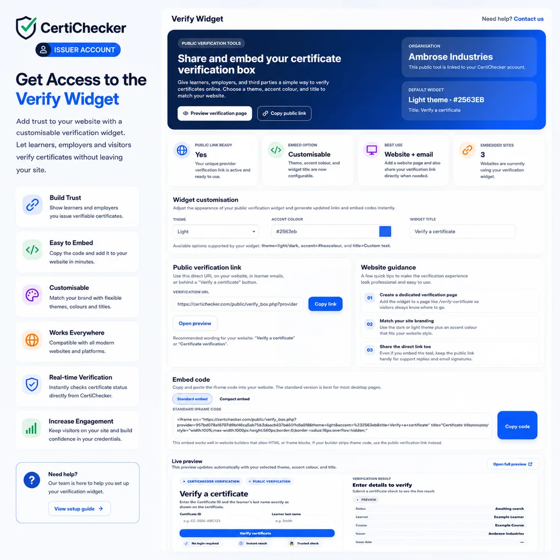 CertiChecker verify widget and website embed tools